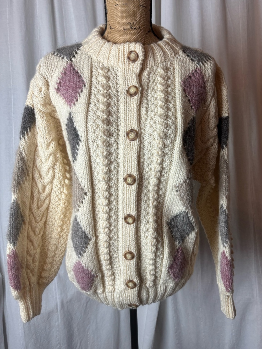Vintage Standun Irish Knit Cardigan Sweater Argyle Cream Women’s Large READ